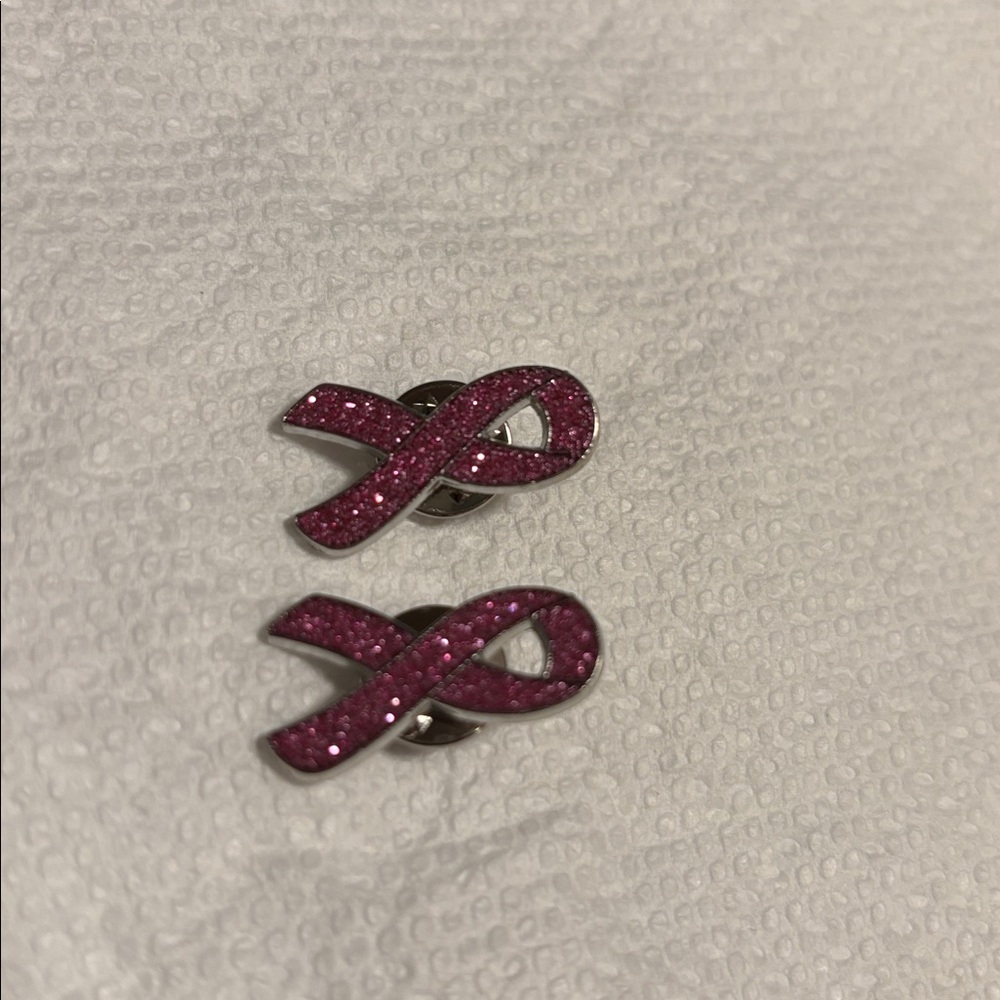 BREAST CANCER AWARENESS Set of 2 Pink GLITTER Ribbon Pins - Picture 7 of 7